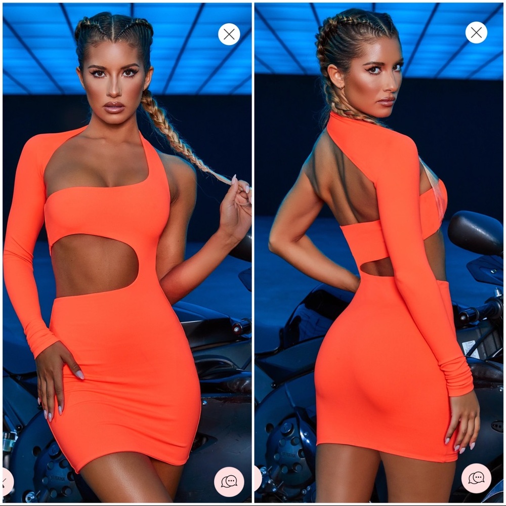 Asymmetrical Cut Out Bodycon Mini Dress in Neon Coral size 2 (XS) NWT